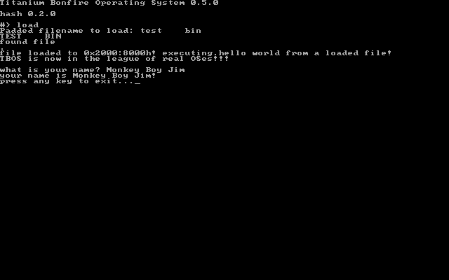 Screenshot of TBOS 0.5.0 running a program. The dot after "found file" is the number of sectors loaded (each dot is a sector.)